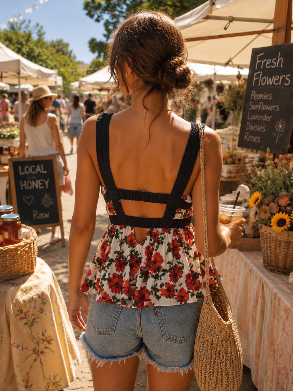 Maeve Anthropologie Floral Tank Top Stretchy Poppy Open Back Cottagecore Boho M - Picture 2 of 15